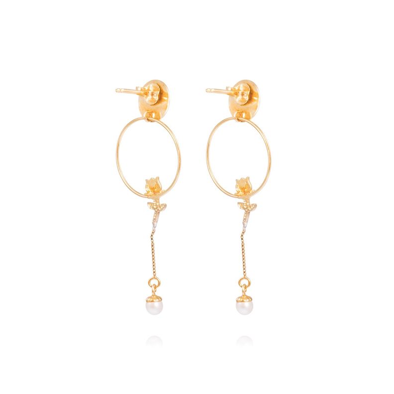 Aros Oro Amarillo 18kt Colgantes Perlas y Rosas-2