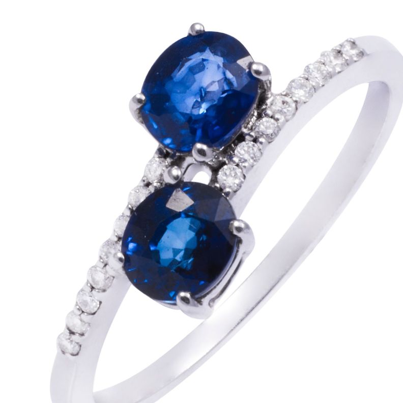 Anillo Oro Blanco 18kt Diamantes 14 Pts y Doble Zafiro 1,48 Pts-1