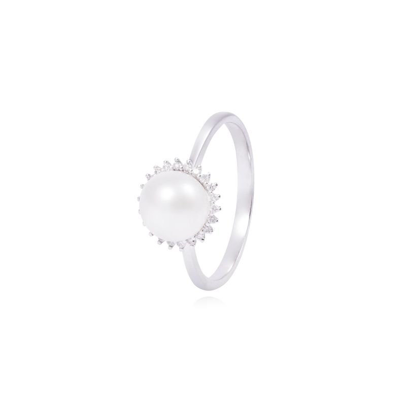 Anillo Oro Blanco 18kt Perla 6 - 8 mm Diamantes 10 Pts-0