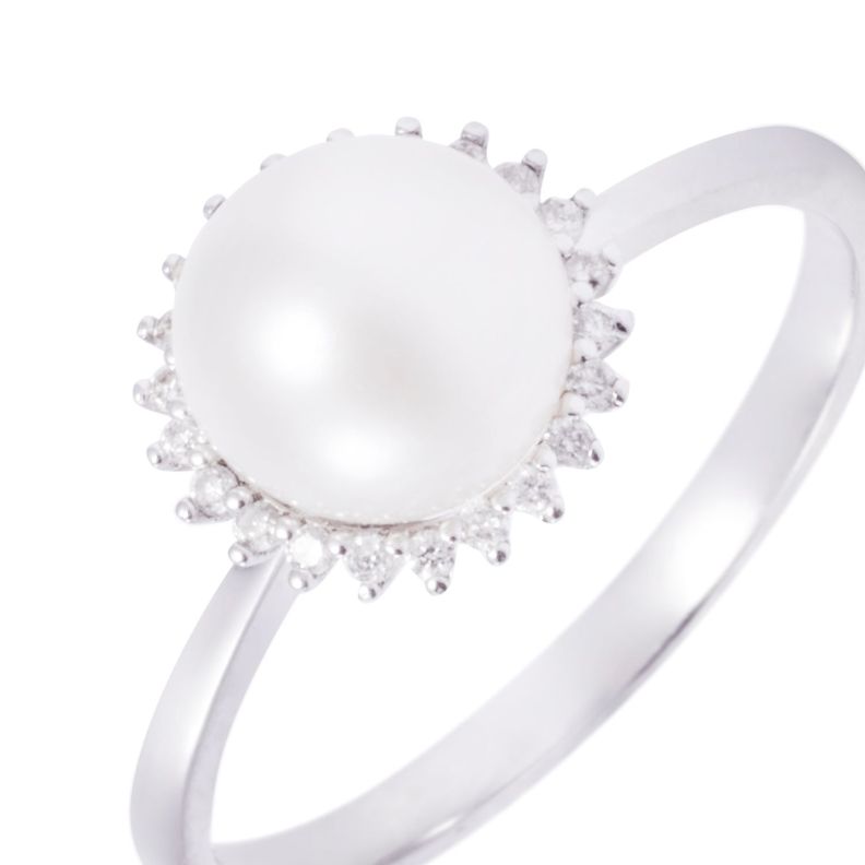 Anillo Oro Blanco 18kt Perla 6 - 8 mm Diamantes 10 Pts-1