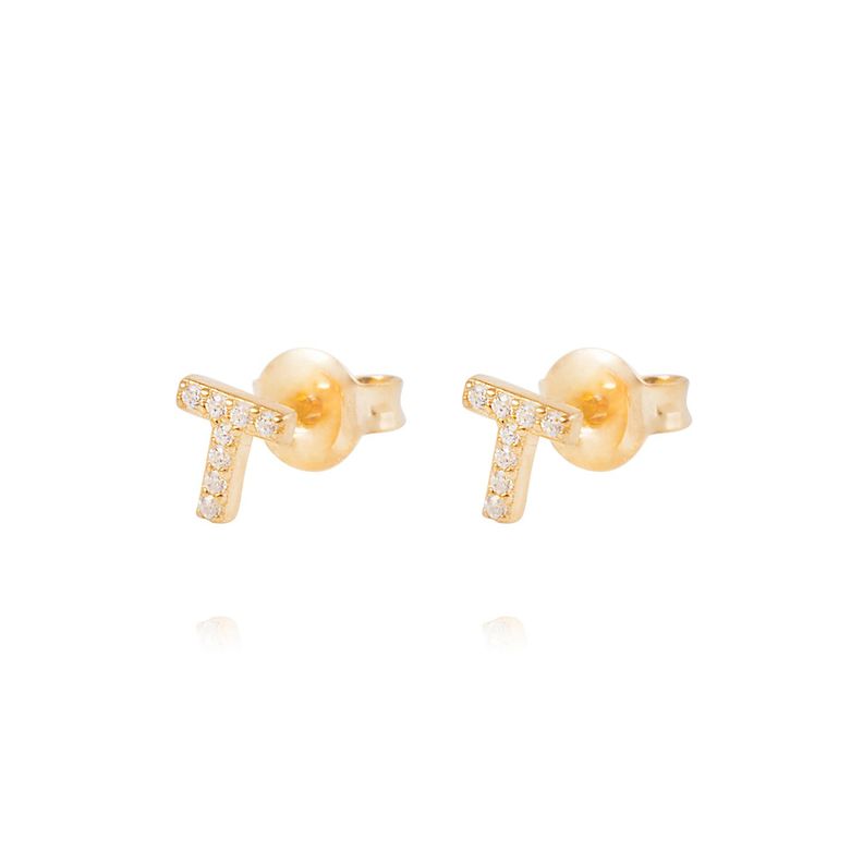 Aros de Plata Esterlina 925 Letra T Bañado en Oro 14kt-0