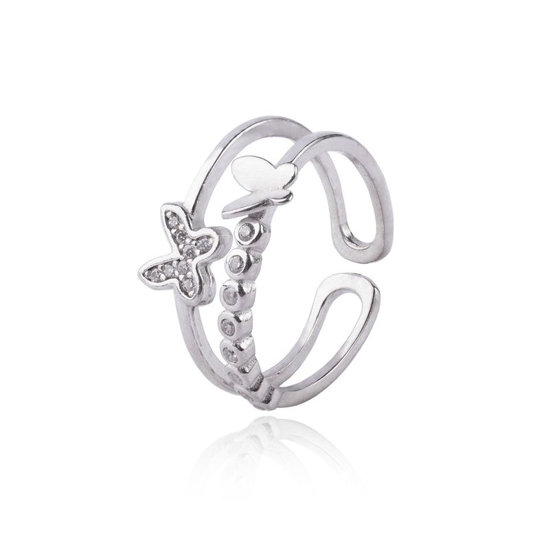 Anillo de Plata Esterlina 925 Doble Mariposa Circon-0