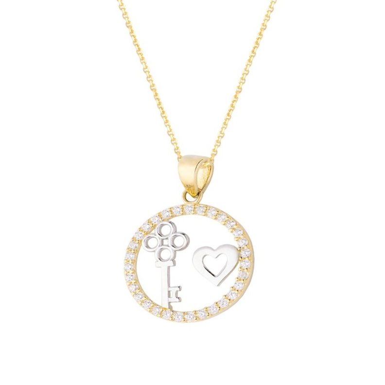 Collar de Oro Amarillo 18kt Corazón y Llave Circonitas-2