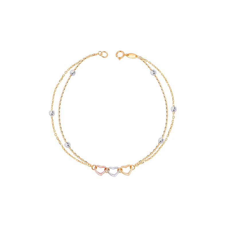 Pulsera de Oro 18kt Corazones Tricolores y Bolitas-0