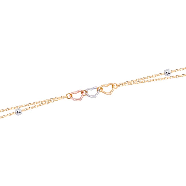 Pulsera de Oro 18kt Corazones Tricolores y Bolitas-2