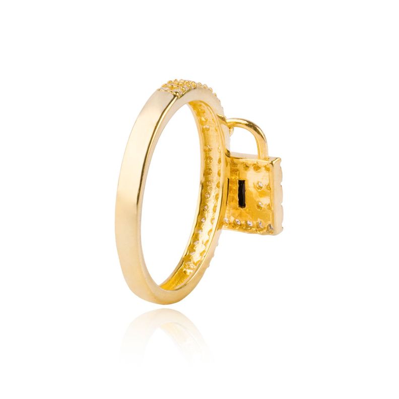 Anillo Plata Esterlina 925 Candado Circon Onix Revestido en Oro 18kt-1
