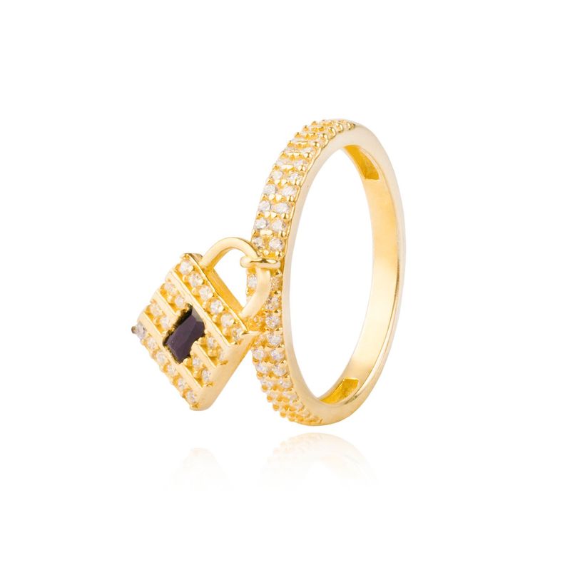 Anillo Plata Esterlina 925 Candado Circon Onix Revestido en Oro 18kt-2
