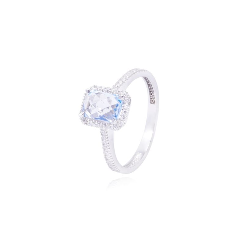 Anillo Oro Blanco 18kt Circonita Azul Cuadrada y Cintillo-0