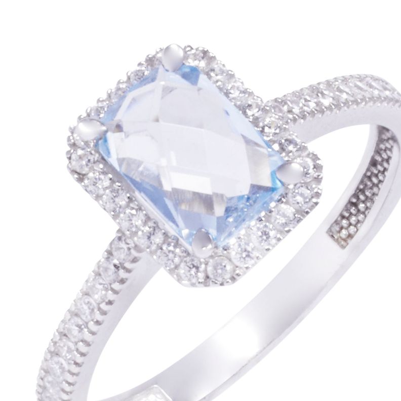 Anillo Oro Blanco 18kt Circonita Azul Cuadrada y Cintillo-1