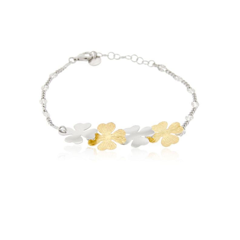 Pulsera de Plata Esterlina 925 Hojas Trebol Bicolor-0