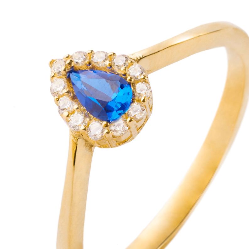 Anillo Compromiso de Oro 18kt Modelo Gota con Zafiro y Circón-1