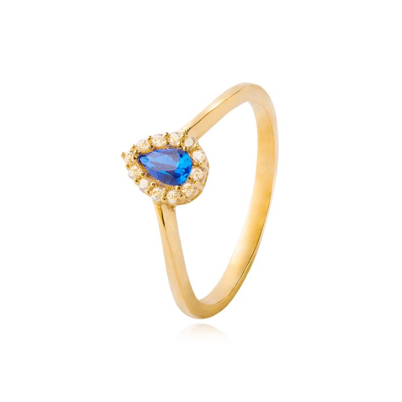 Anillo Compromiso de Oro 18kt Modelo Gota con Zafiro y Circón