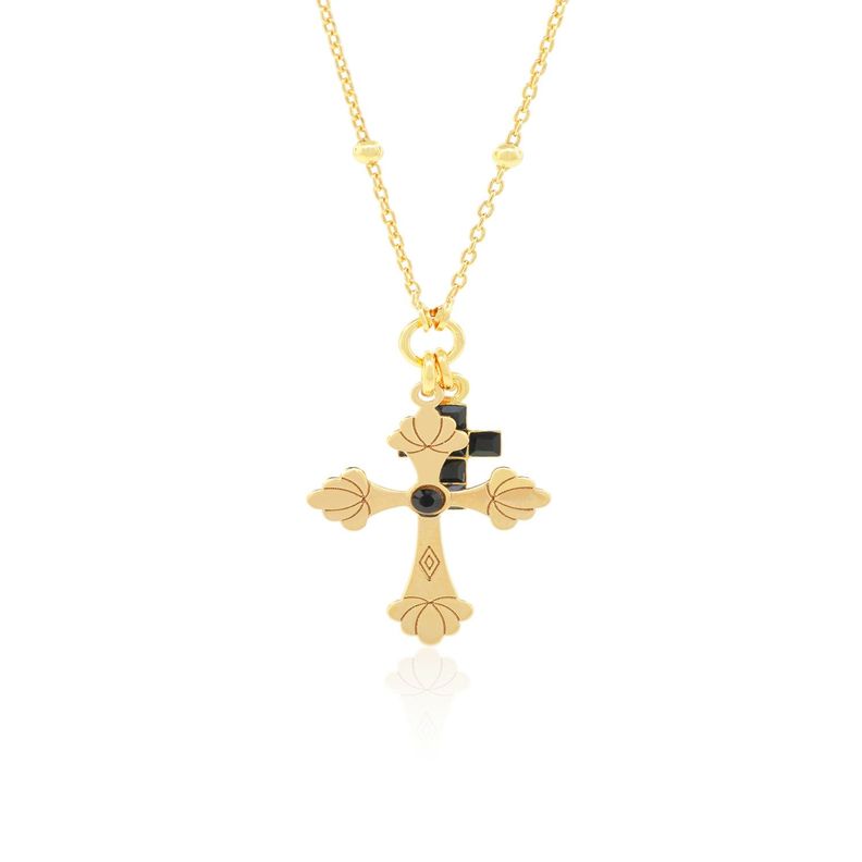 Collar de Plata Esterlina 925 Doble Cruz Revestido en Oro 18kt-0