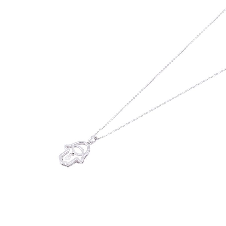 Collar de Oro Blanco 18kt Mano de Fátima con Diamante 12Pts-0