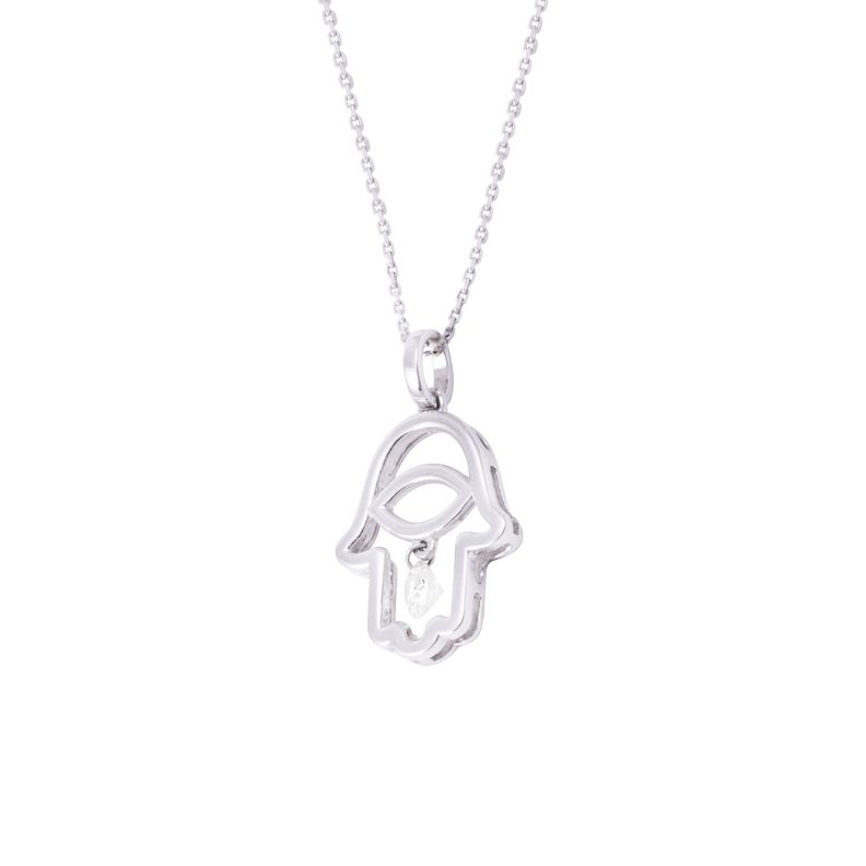 Collar de Oro Blanco 18kt Mano de Fátima con Diamante 12Pts-1