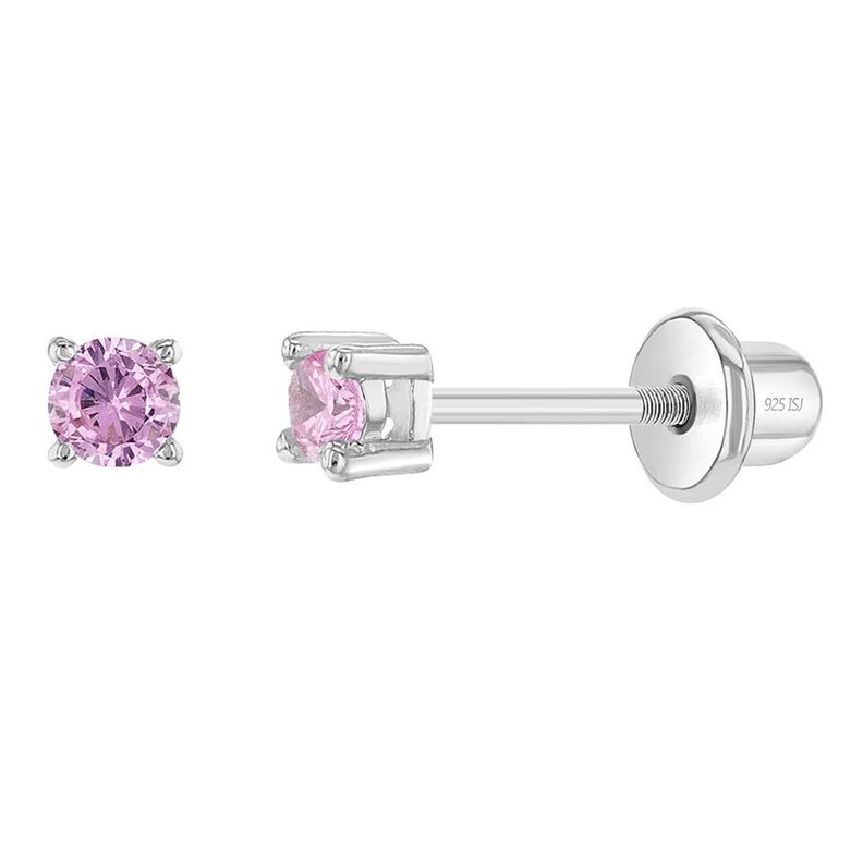 Aros solitario de plata 925 con circon rosado de cuatro puntas para bebé y niñas