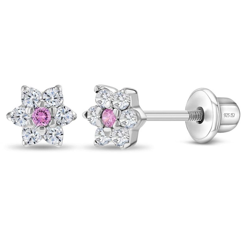 Aros de plata 925 en forma de flor con circones rosados y transparentes diamantados Plateado