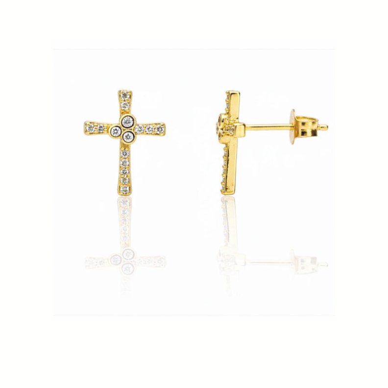 Aros Cruz Laminados en Oro 18K con Circones Blancos Luz y Elegancia en Cada Detalle Dorado 15