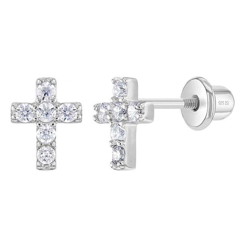 Aros de cruz con circones de plata 925 para bebes y ninas Plateado