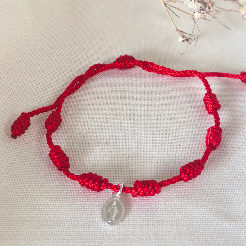Pulsera 7 Nudos Rojos para Adulto con Medalla virgen milagrosa plata 925 Rojo 18