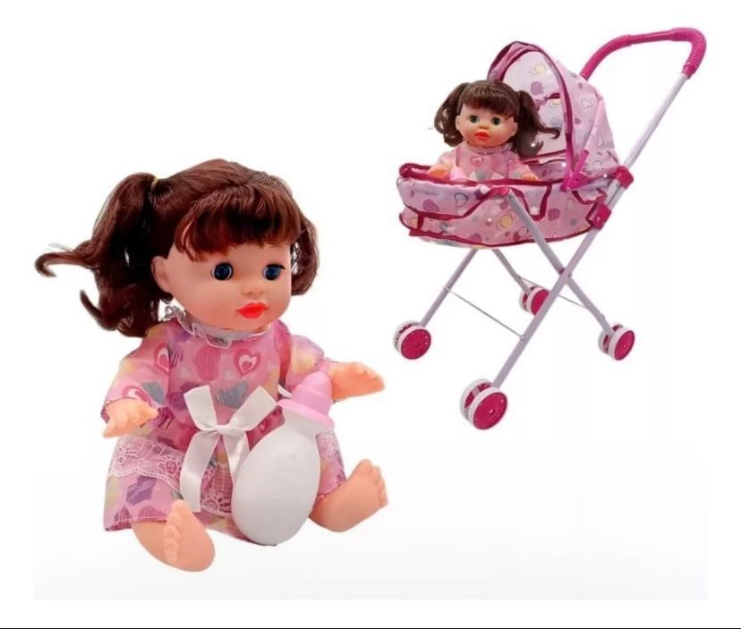 COCHE CUNA CON MUÑECA ROSADO -0