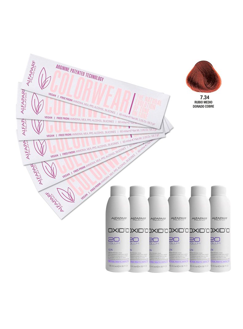 Kit 6 Tintura Vegana Color Wear N°7.34 Alfaparf + 6 agua 20V-1