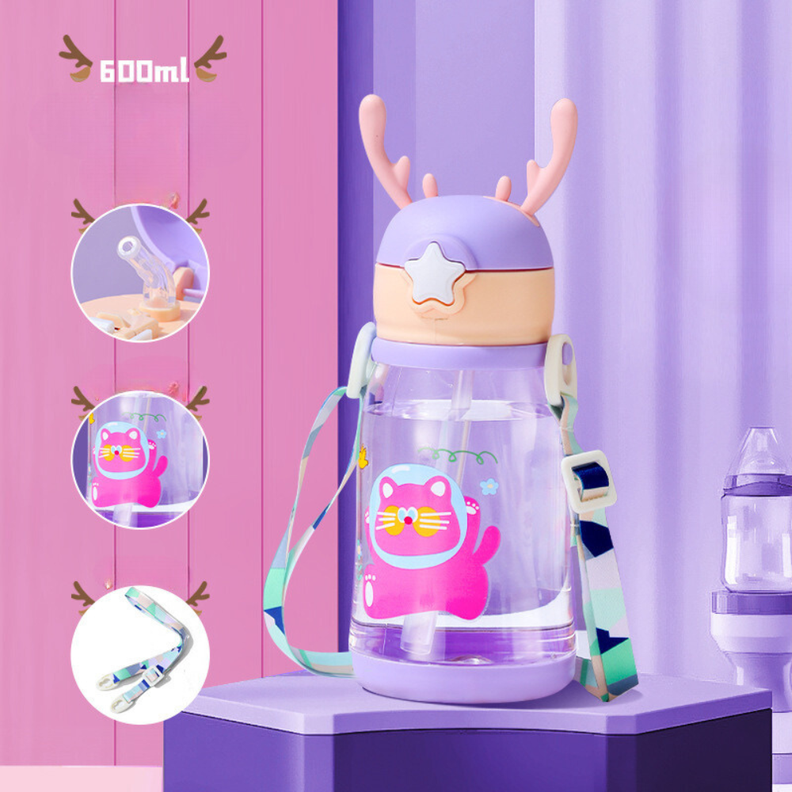 Botella De Agua Para Niños Con Bombilla Kawaii Ciervo 600ml-1