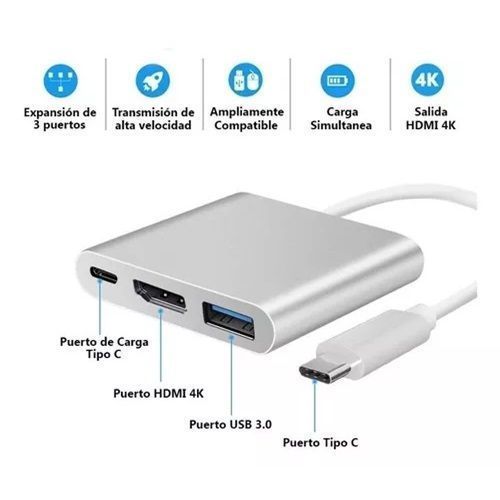 Adaptador Multipuerto 3 En 1 USB Tipo C 3.0 a HDMI 4K-1