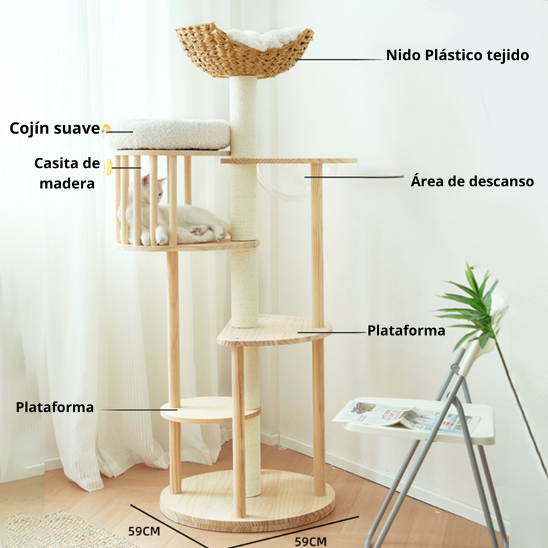 Rascador Para Gatos Tipo Torre Con Casa Elegante Beige-2