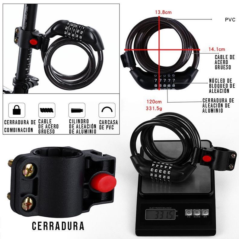 Candado Bicicleta Clave Seguridad de Bloqueo Antirrobo 120cm-4