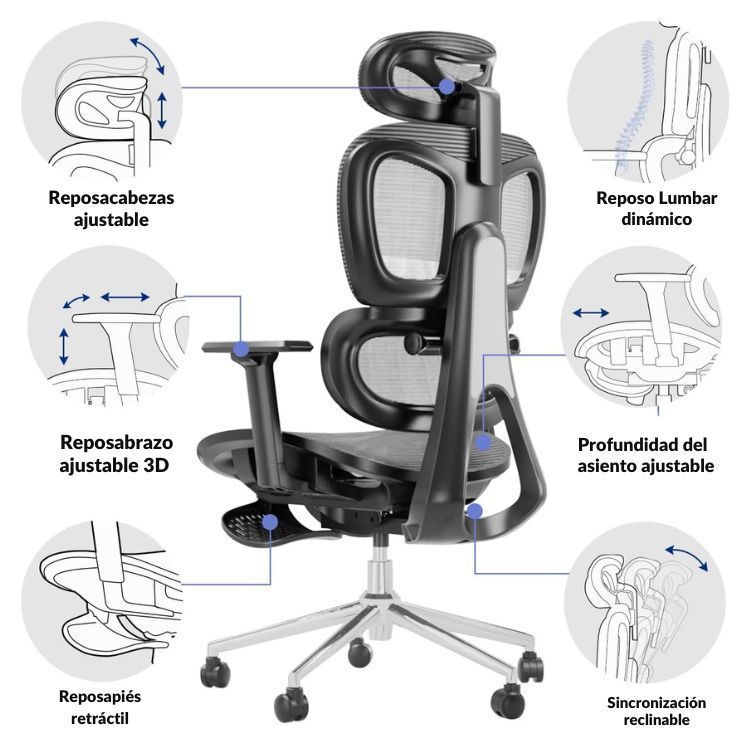 Silla Oficina Élite Ergonómica Soporte Lumbar Cervical Ajustable-6