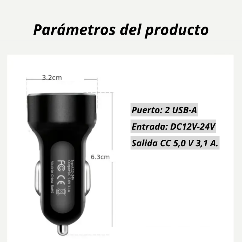 Cargador Adaptador Automovil Usb Doble Entrada 12-24v 3.1a-2