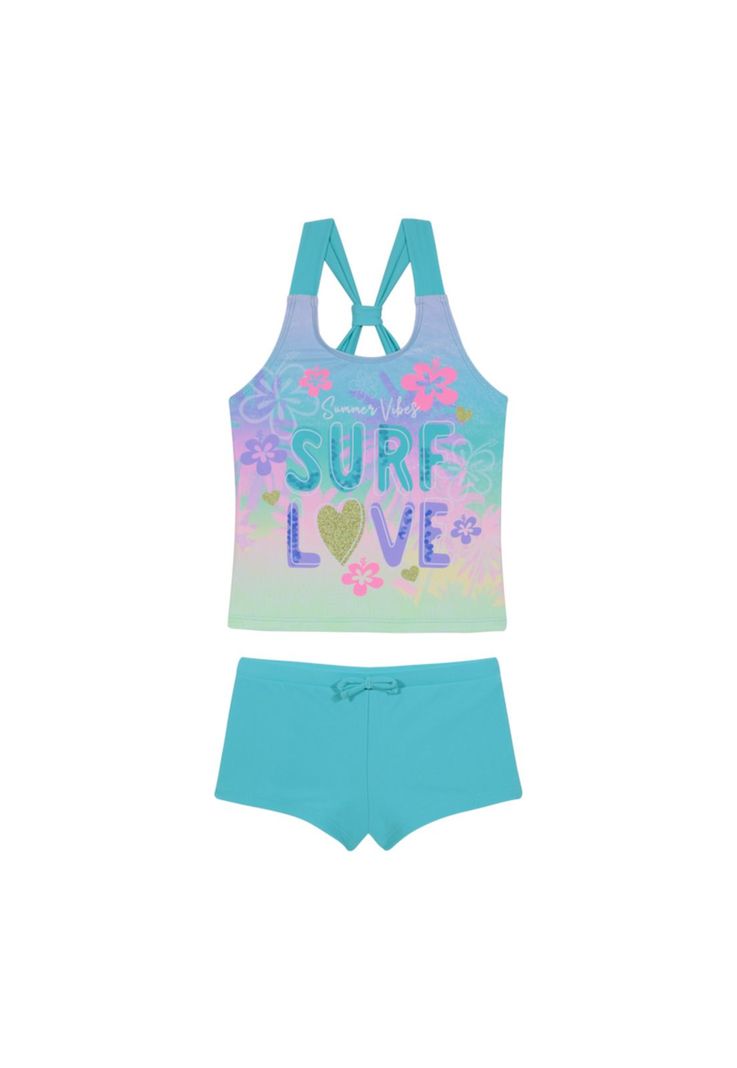 Traje de Baño Tankini UV30+ Sublimado para Niña Turquesa-1
