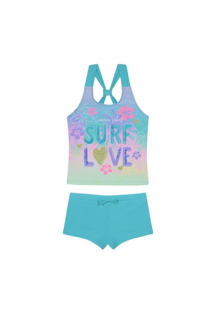 Traje de Baño Tankini UV30+ Sublimado para Niña Turquesa-0