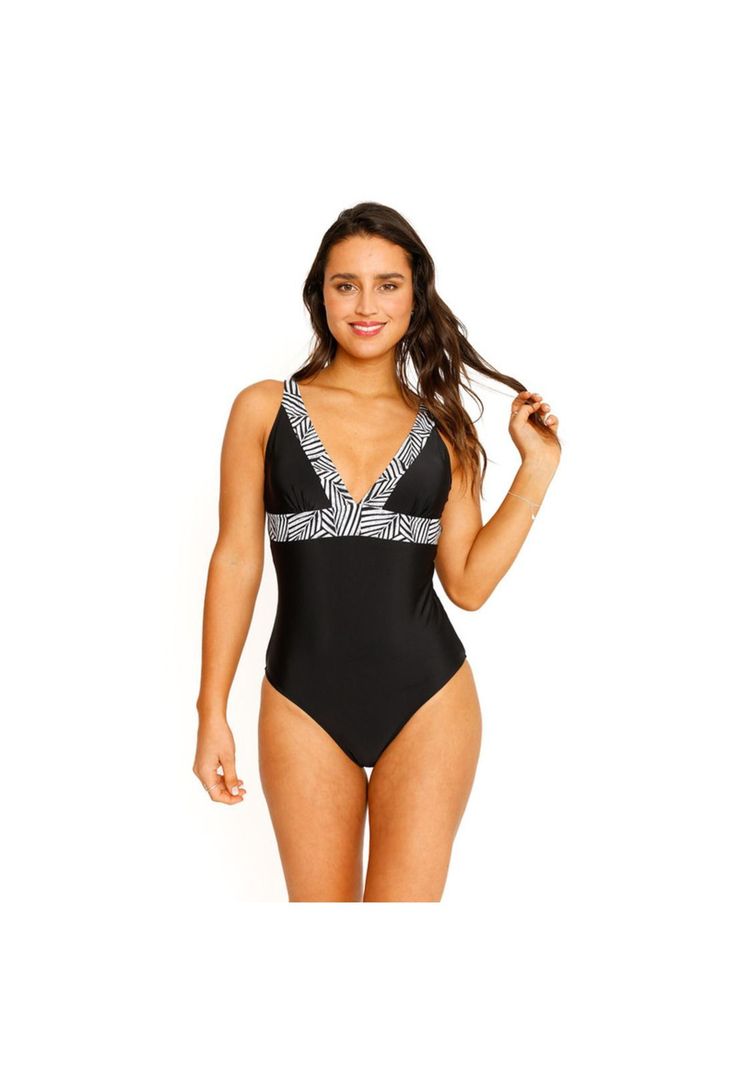 Traje de Baño Entero Escote Liso para Mujer Negro-1