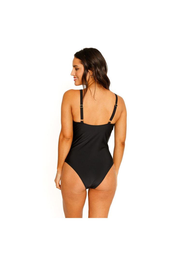 Traje de Baño Entero Escote Liso para Mujer Negro-4