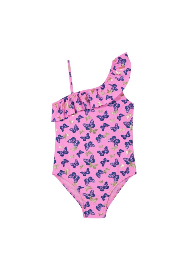 Traje de Baño Entero UV30+ Un Hombro para Niña Fucsia-0