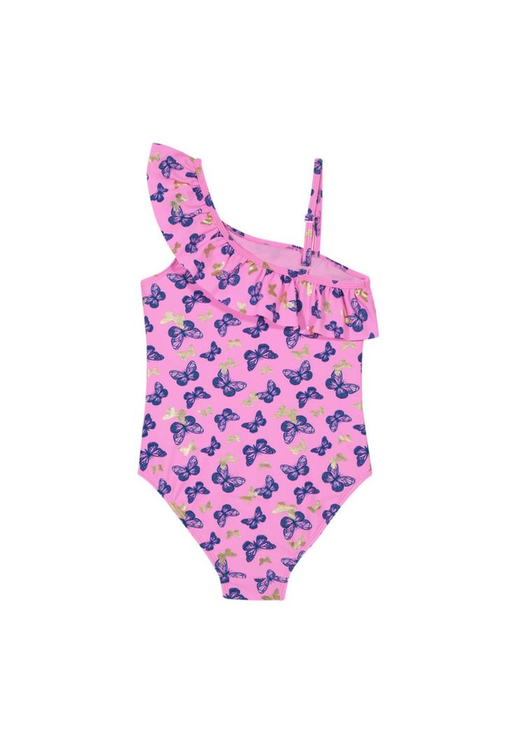 Traje de Baño Entero UV30+ Un Hombro para Niña Fucsia-1