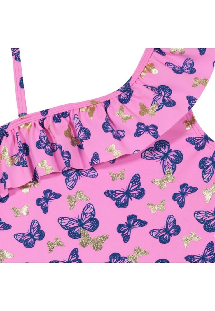 Traje de Baño Entero UV30+ Un Hombro para Niña Fucsia-2