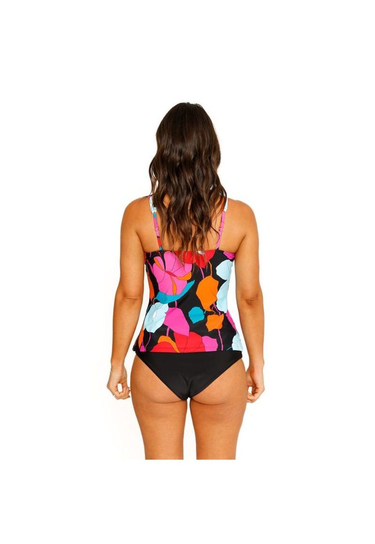 Traje de Baño Tankini Top Halter Flores para Mujer Negro-6