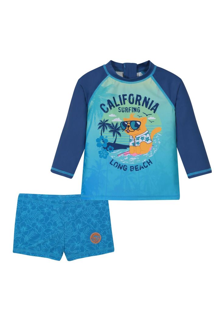 Traje de Bano Bebe Nino Set UV50 M/Larga Hot Pants H2O wear Azul 9 A 12 Meses