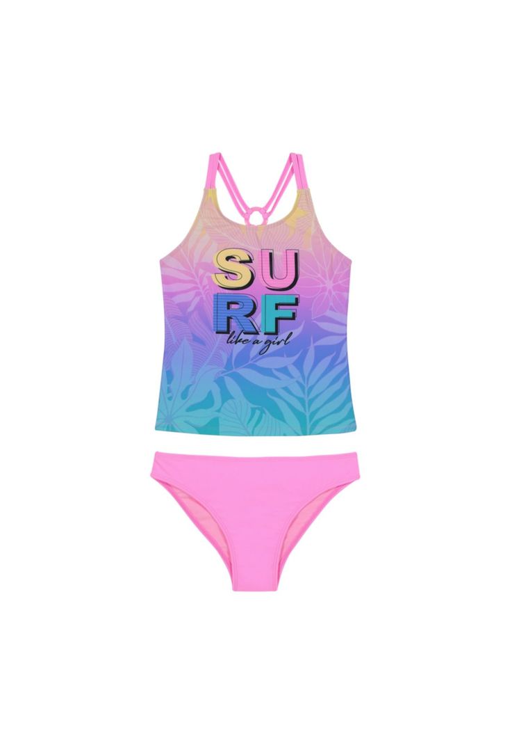 Traje de Baño Tankini UV30+ Top Sublimado para Teens Niña Fucsia-0