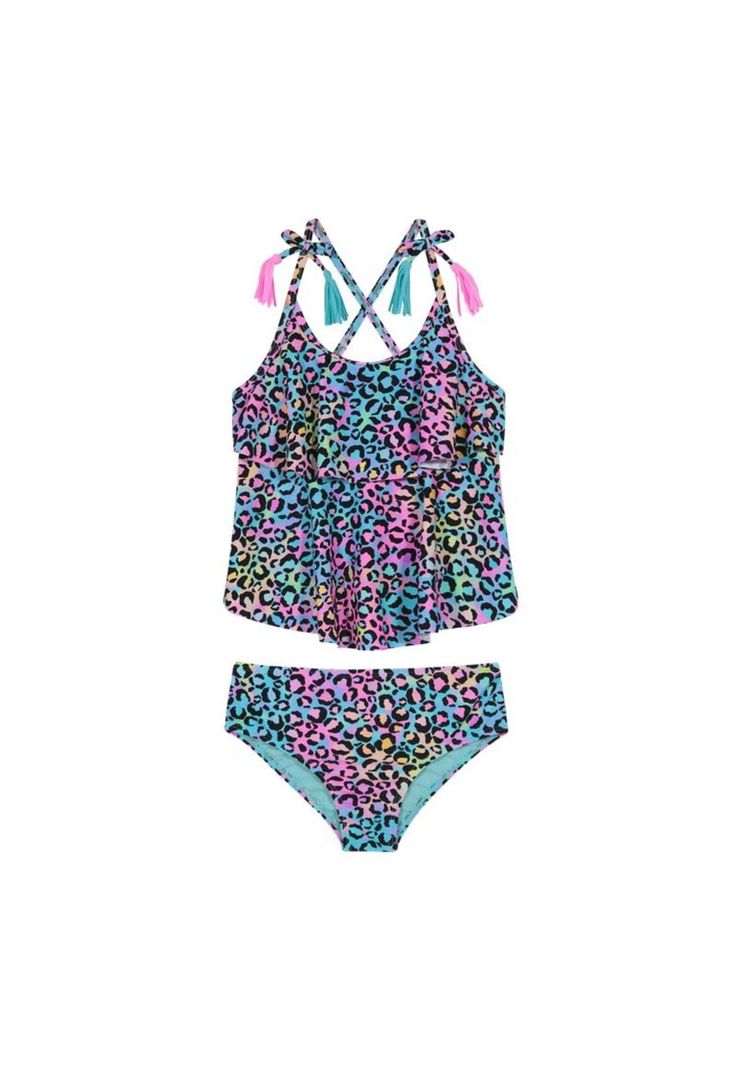 Traje de Bano Tankini UV30+ con Vuelos para Nina Rosado 4