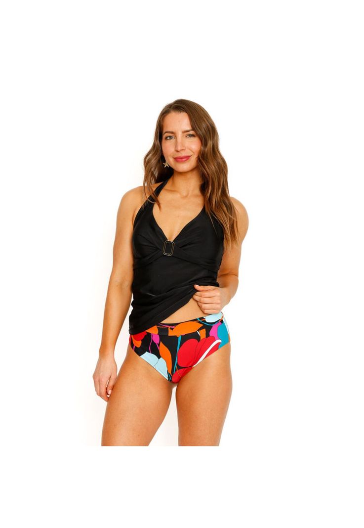Traje de Baño Tankini Top Halter Liso para Mujer Negro-1