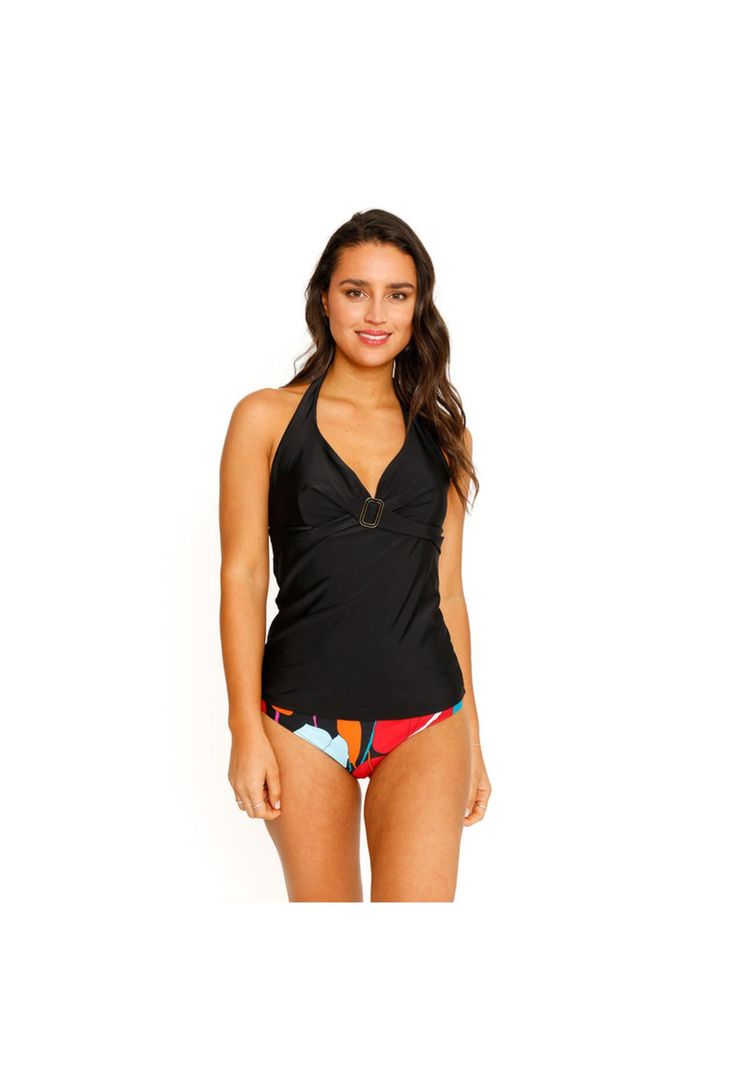 Traje de Baño Tankini Top Halter Liso para Mujer Negro-4