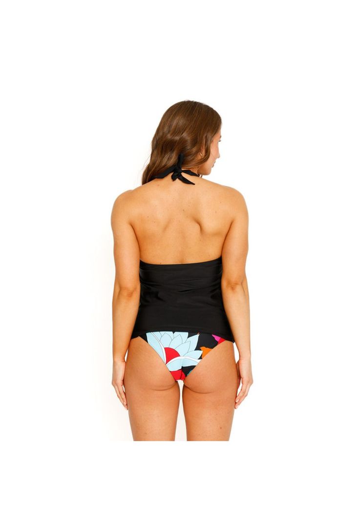 Traje de Baño Tankini Top Halter Liso para Mujer Negro-5
