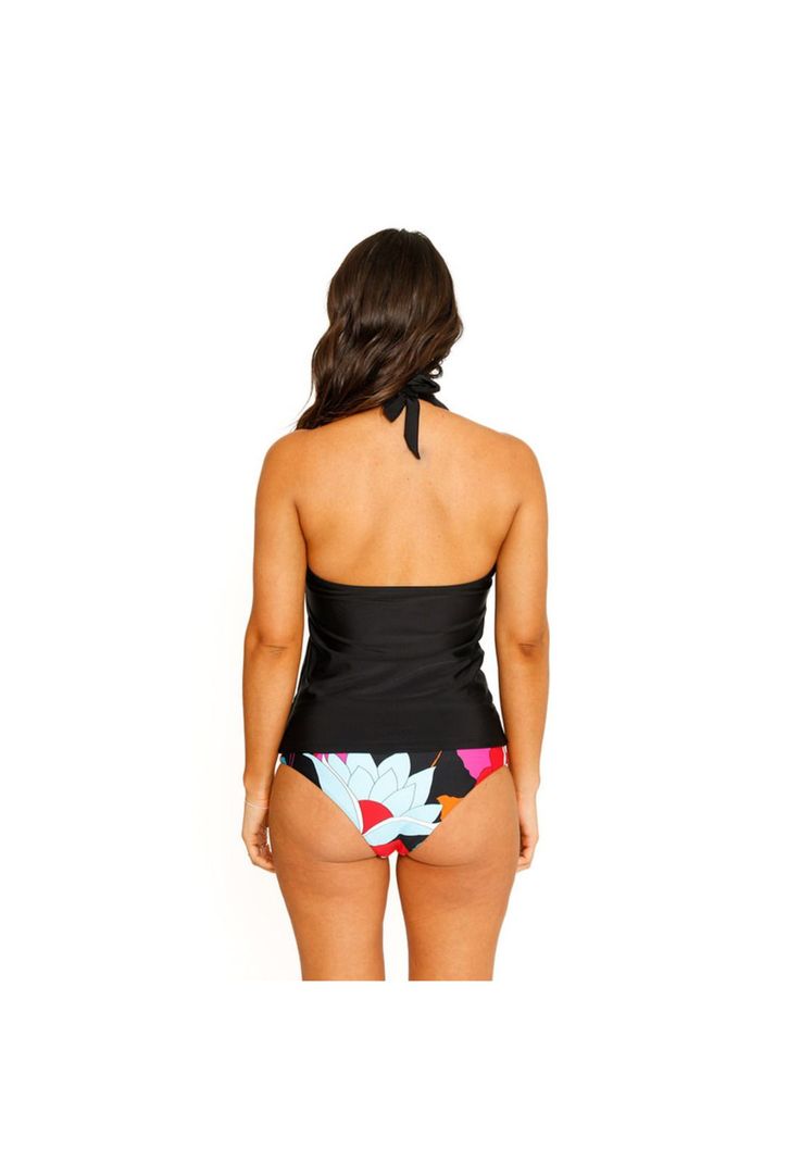 Traje de Baño Tankini Top Halter Liso para Mujer Negro-6