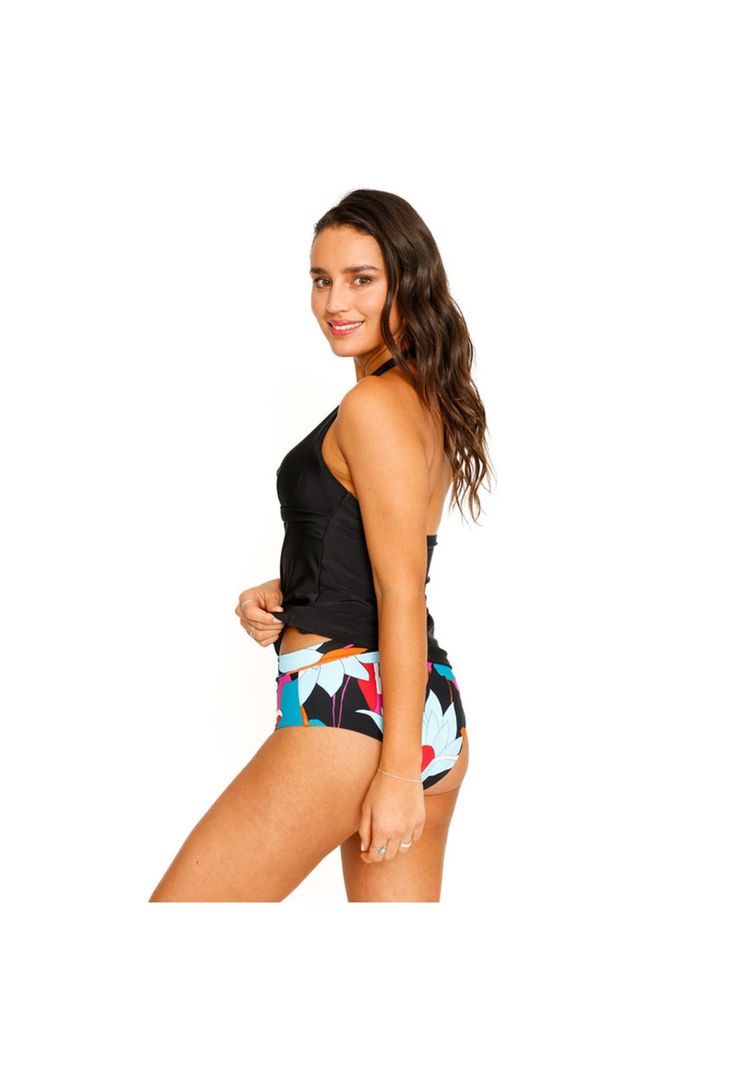 Traje de Baño Tankini Top Halter Liso para Mujer Negro-7