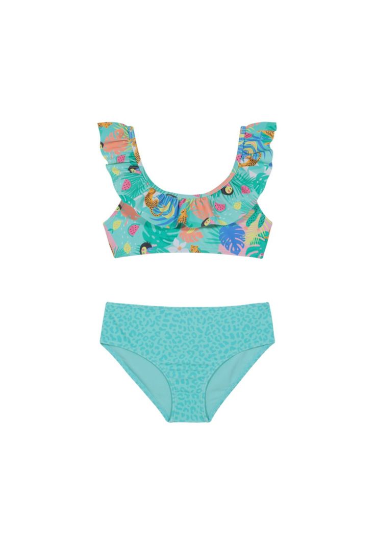 Traje de Baño Bikini UV30+ con Vuelos para Niña Turquesa-0