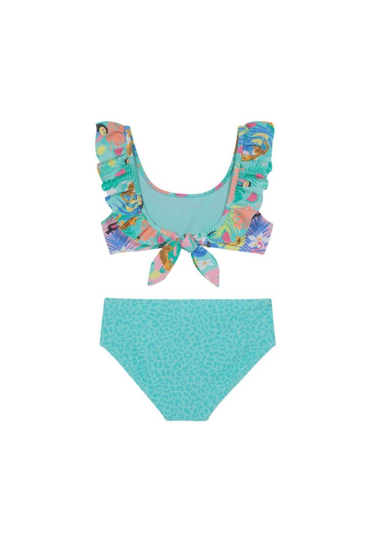 Traje de Baño Bikini UV30+ con Vuelos para Niña Turquesa-1